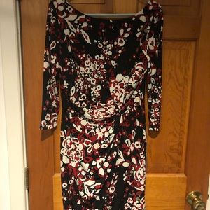 Dress, sz 12, red, black, cream, knee length